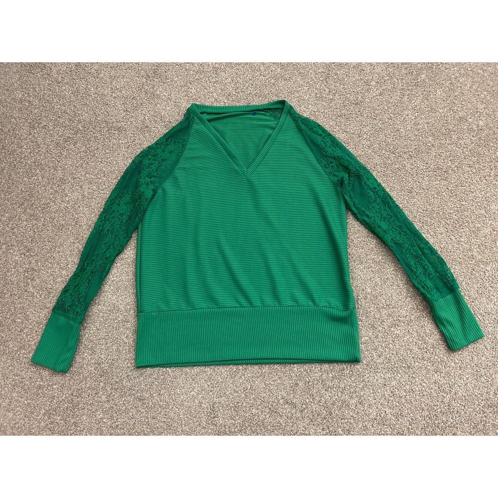 Party Top Lace Sleeve V-Neck Top Womens Large Green Excellent Ribbed Raglan
